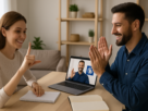 Dois jovens sorrindo enquanto praticam a Língua Brasileira de Sinais (Libras), representando um curso gratuito com certificado.