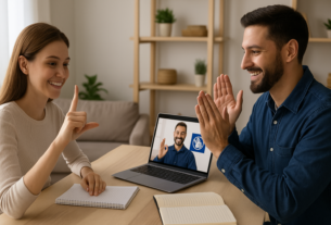 Dois jovens sorrindo enquanto praticam a Língua Brasileira de Sinais (Libras), representando um curso gratuito com certificado.