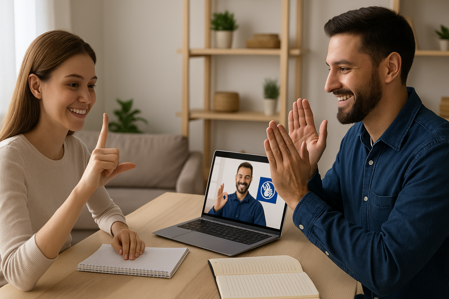 Dois jovens sorrindo enquanto praticam a Língua Brasileira de Sinais (Libras), representando um curso gratuito com certificado.