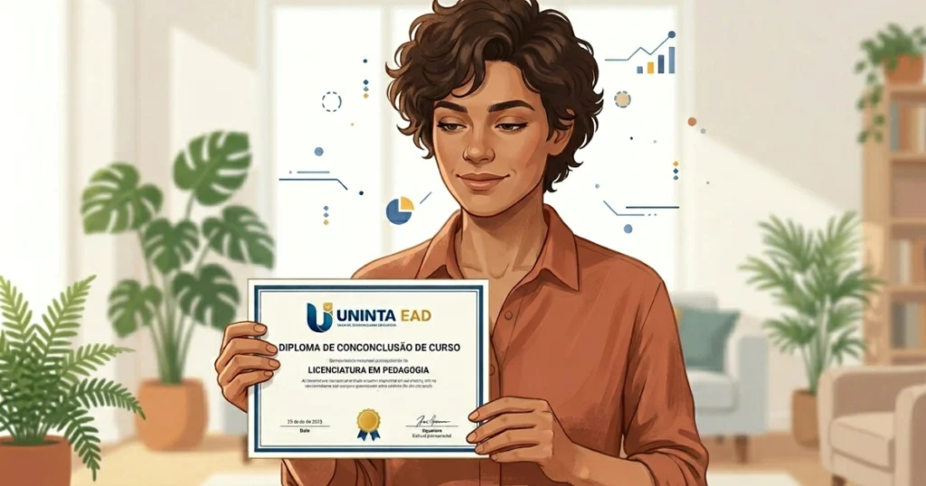 Profissional segurando diploma de pós-graduação UNINTA EAD com satisfação e orgulho tranquilo