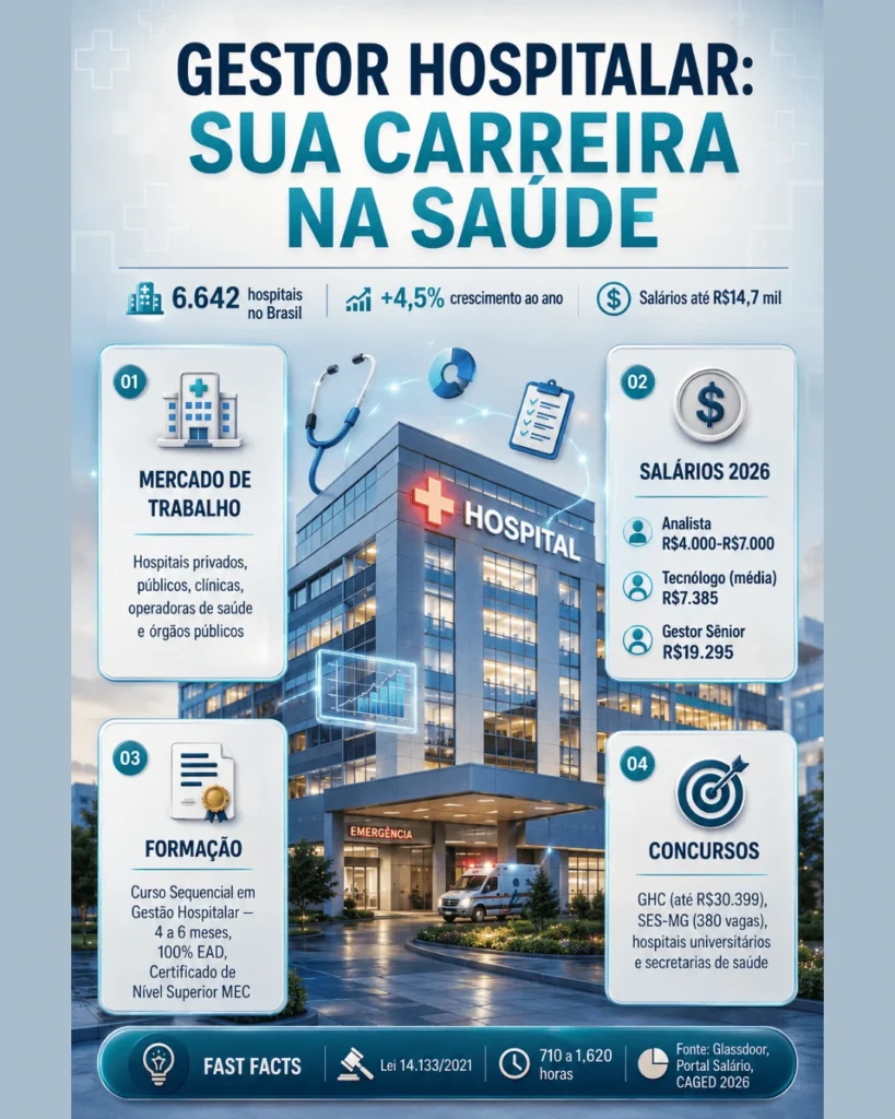 Infográfico premium sobre carreira de gestor hospitalar com dados de mercado, salários, formação por curso sequencial gestão hospitalar e concursos na saúde.