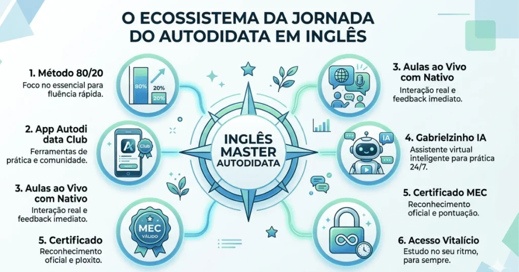 Infográfico com os diferenciais que mostram que a Jornada do Autodidata em Inglês é bom