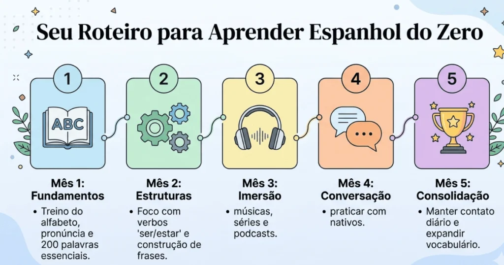 Infográfico com o passo a passo essencial para aprender espanhol do zero
