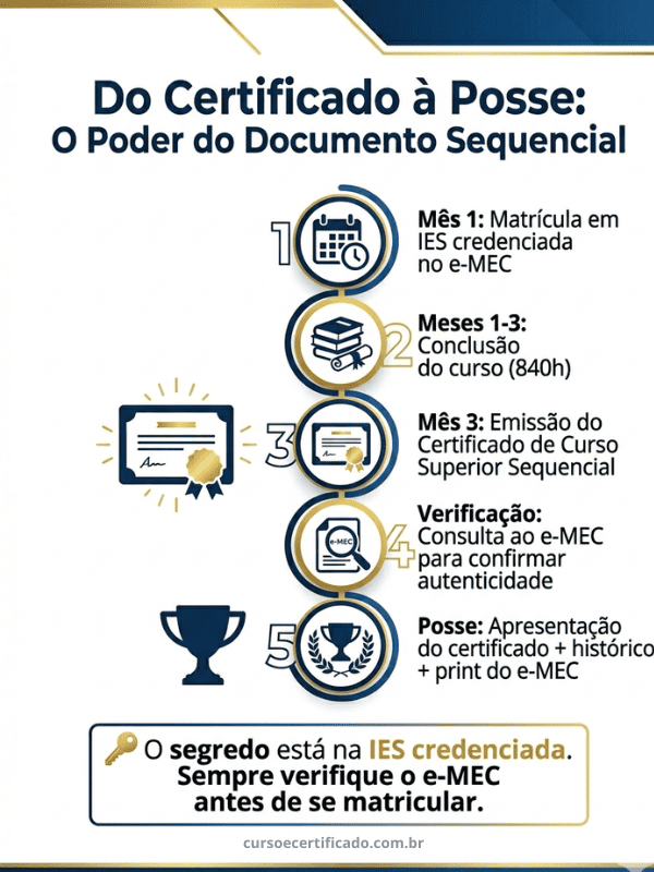 Linha do tempo em infográfico mostrando as 5 etapas do certificado de curso superior sequencial até a posse em concurso público.