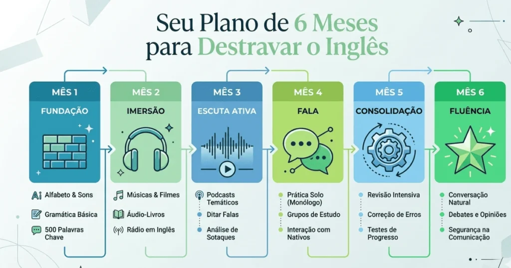 Infográfico com o passo a passo de como aprender inglês sozinho