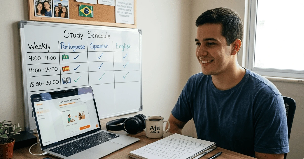 Jovem focado em como aprender inglês sozinho estudando em casa.