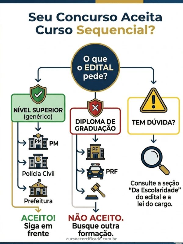 Infográfico fluxograma com regra prática para saber se concurso aceita curso sequencial baseado na redação do edital.