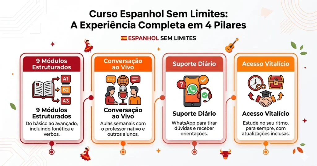 Infográfico com os 4 pilares do Curso Espanhol Sem Limites