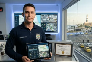 Gestor de trânsito em central de controle com telas de monitoramento e certificado de curso sequencial de gestão em transito, simbolizando carreira em mobilidade urbana.