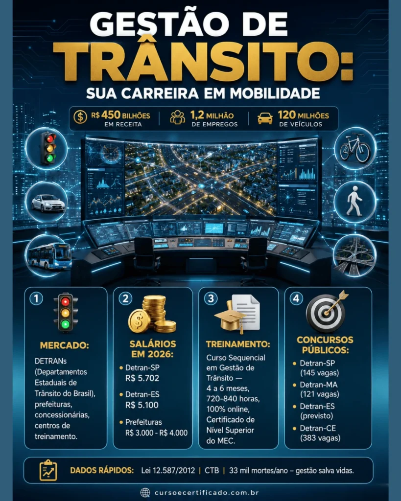 Infográfico premium sobre carreira de gestor de trânsito com dados de mercado, salários e formação por curso sequencial de gestão em transito.