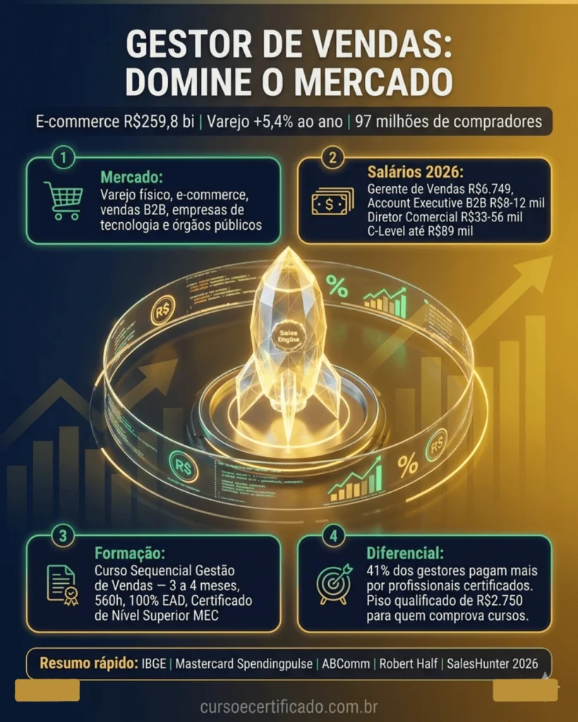 Infográfico premium sobre carreira de gestor de vendas com dados de mercado, salários e formação por curso sequencial gestão de vendas.