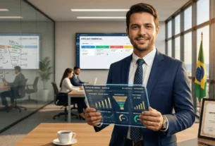 Profissional de vendas em escritório corporativo segurando tablet com dashboard de resultados e certificado de curso sequencial gestão de vendas.