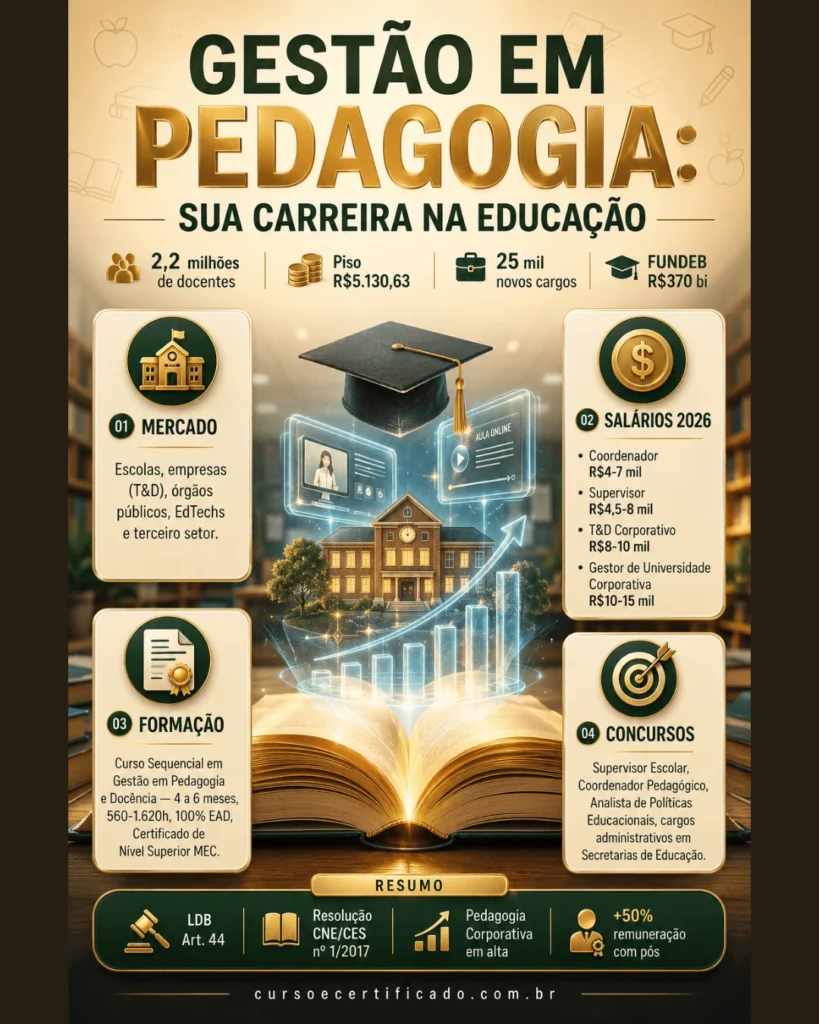 Infográfico premium sobre carreira de gestor educacional com dados de mercado, salários e formação por curso sequencial gestão em pedagogia e docência.