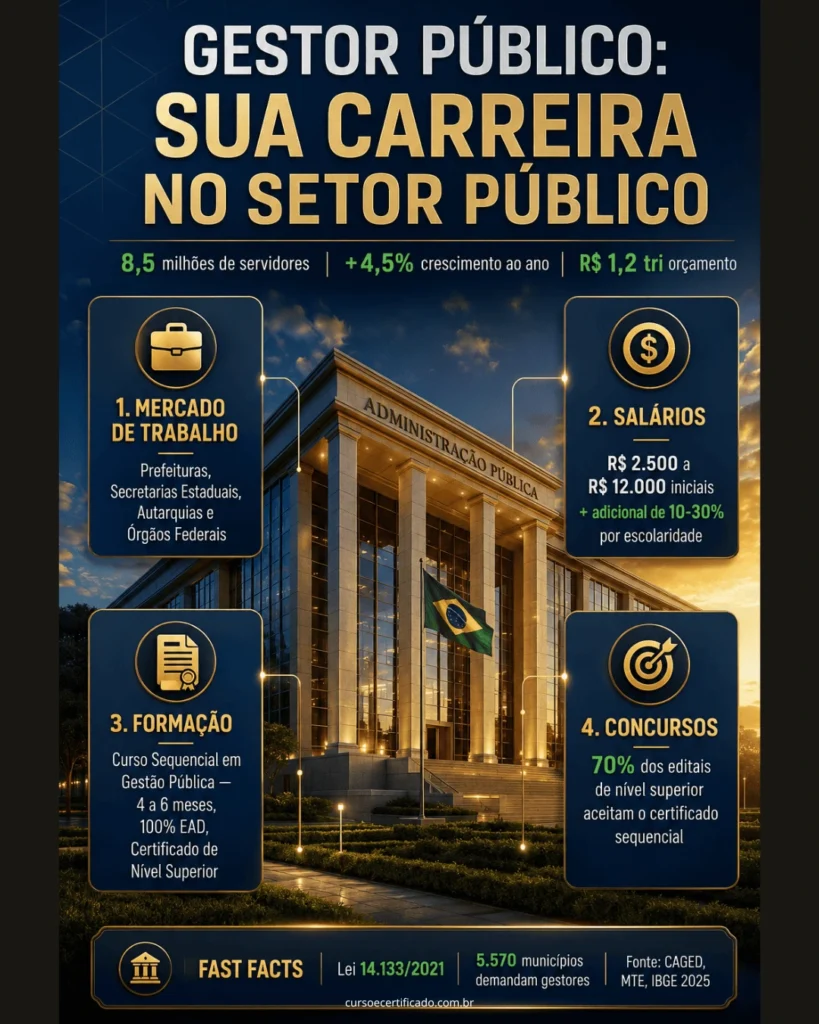 Infográfico premium sobre carreira de gestor público com dados de mercado, salários, formação por curso sequencial gestão pública e concursos.