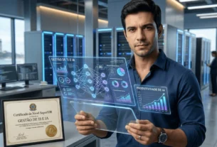 Profissional de TI em data center futurista segurando tablet com interface de IA e certificado de curso sequencial gestão da tecnologia da informação.