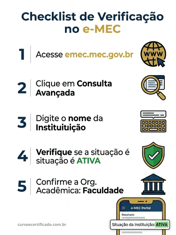 Infográfico com checklist de 5 passos para verificar um curso sequencial reconhecido pelo MEC no portal e-MEC, incluindo dicas visuais e resultado ativo.