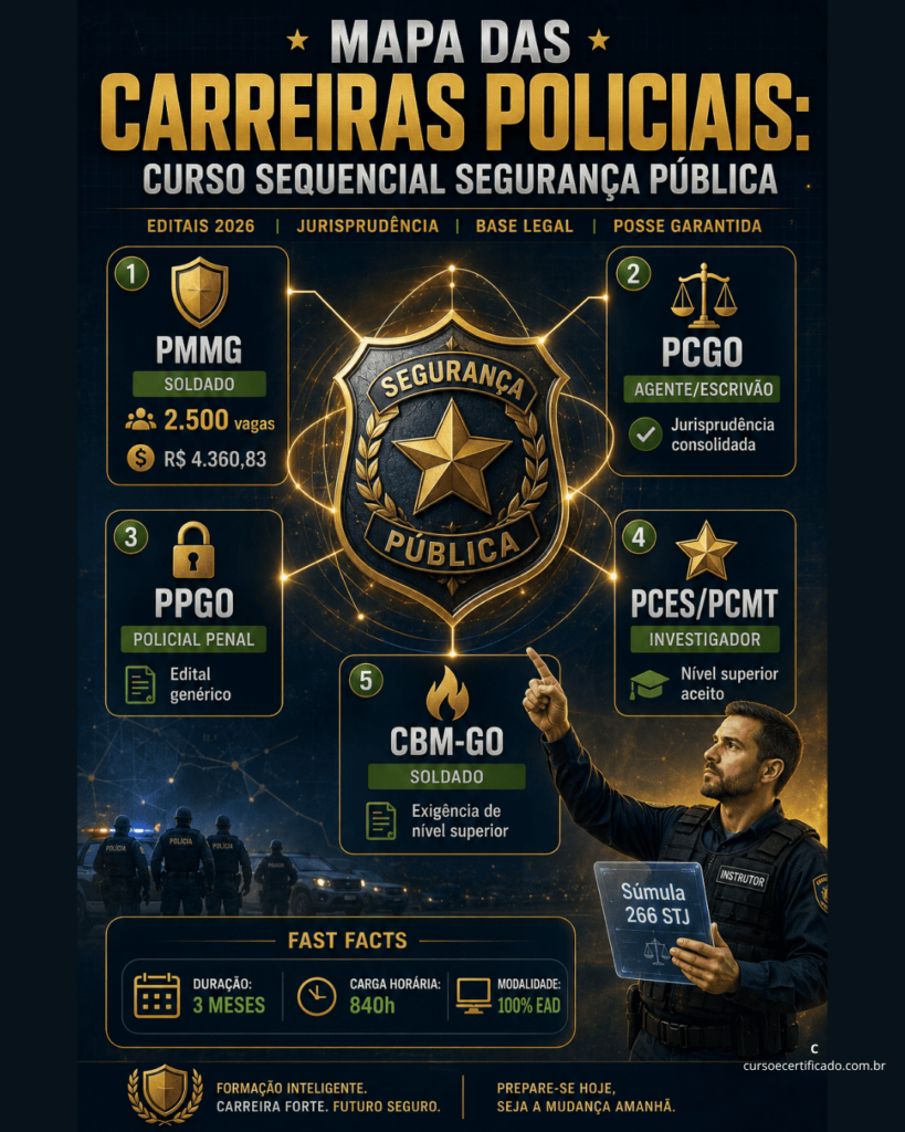 Infográfico premium com mapa das carreiras policiais que aceitam curso sequencial segurança publica em 2026, com editais, jurisprudência e base legal.