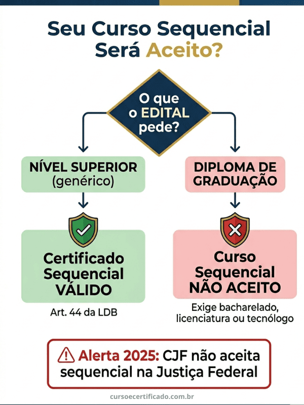 Fluxograma de decisão que mostra quando curso sequencial vale como nível superior em concursos, baseado na redação do edital e na LDB.