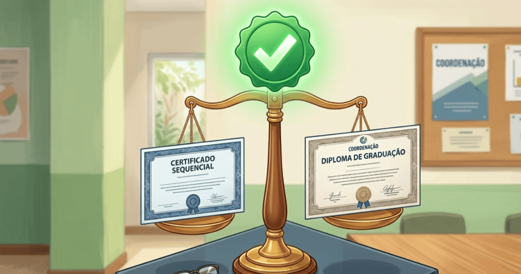 Comparativo jurídico entre certificado sequencial e diploma de graduação para concursos.