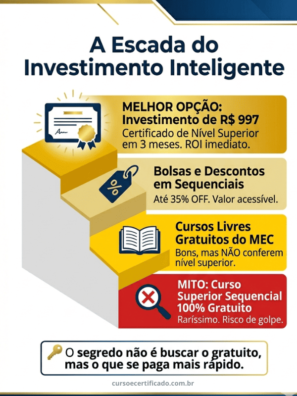 Infográfico escada do investimento inteligente mostrando alternativas ao mito do curso superior sequencial gratuito, do gratuito sem validade ao melhor custo-benefício.