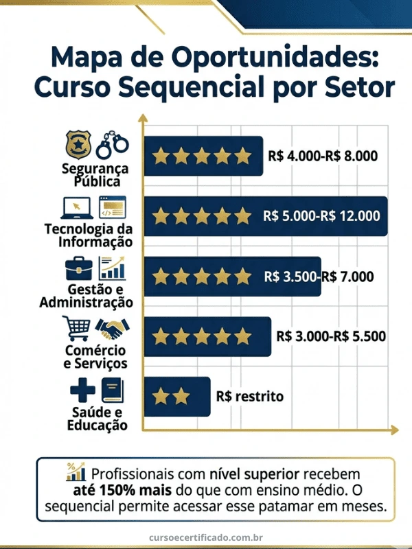 Infográfico com mapa de oportunidades setoriais e faixas salariais para curso superior sequencial no mercado de trabalho.