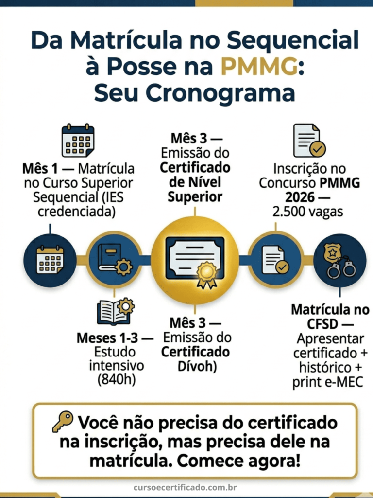 Infográfico com linha do tempo mostrando as etapas do curso superior sequencial PMMG até a posse como Soldado da Polícia Militar de Minas Gerais.