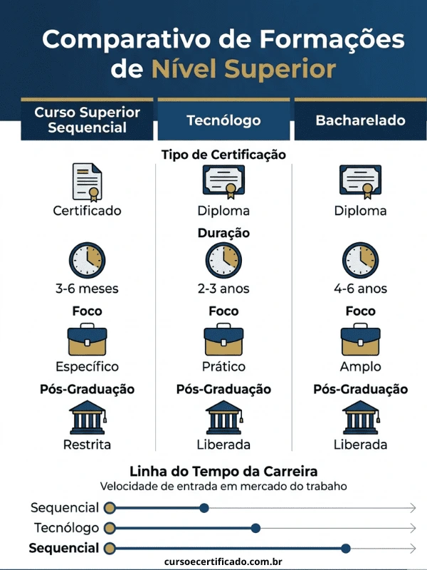 Infográfico comparativo entre curso superior sequencial, tecnólogo e bacharelado, detalhando certificação, duração, foco e acesso à pós-graduação, com linha do tempo da carreira.