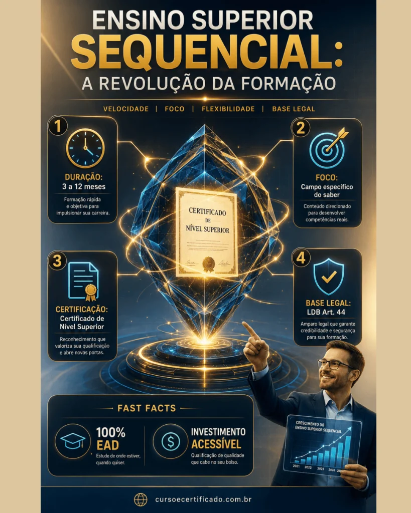Infográfico premium sobre o novo paradigma do ensino superior sequencial, mostrando duração, foco, certificação e base legal em design cinematográfico.