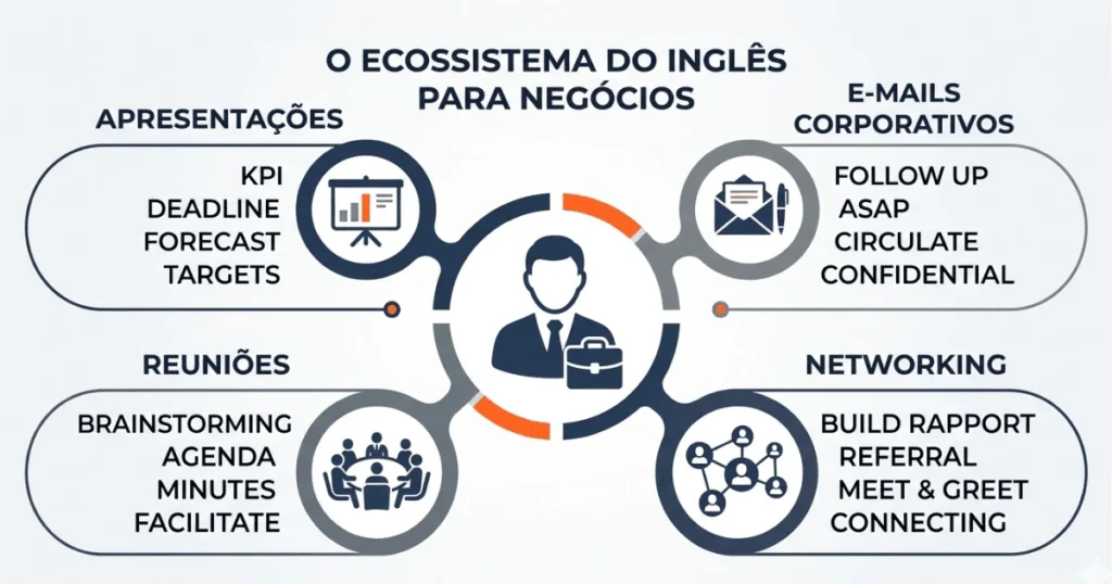 Infográfico com o ecossistema completo do inglês para negócios para profissionais.