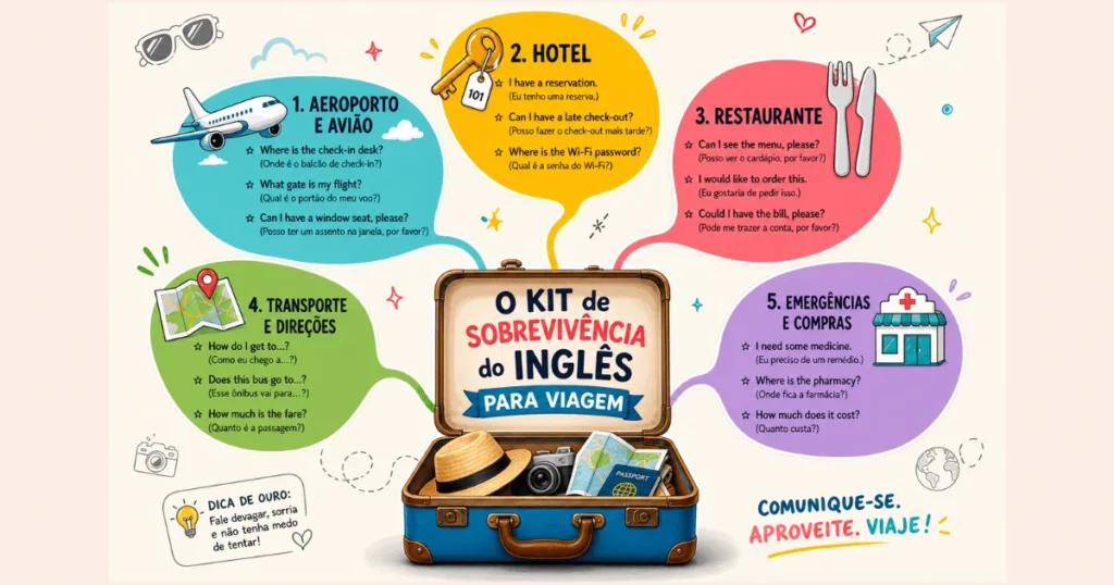 Infográfico com kit de sobrevivência de inglês para viagem frases essenciais