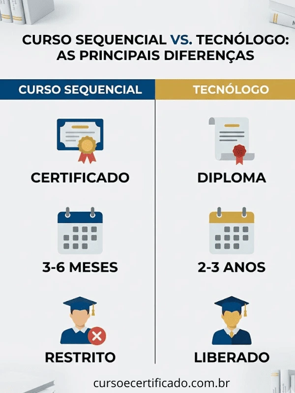 Infográfico O que é curso sequencial com comparativo entre curso sequencial e tecnólogo, destacando as diferenças em tipo de certificação, duração e possibilidades de pós-graduação.