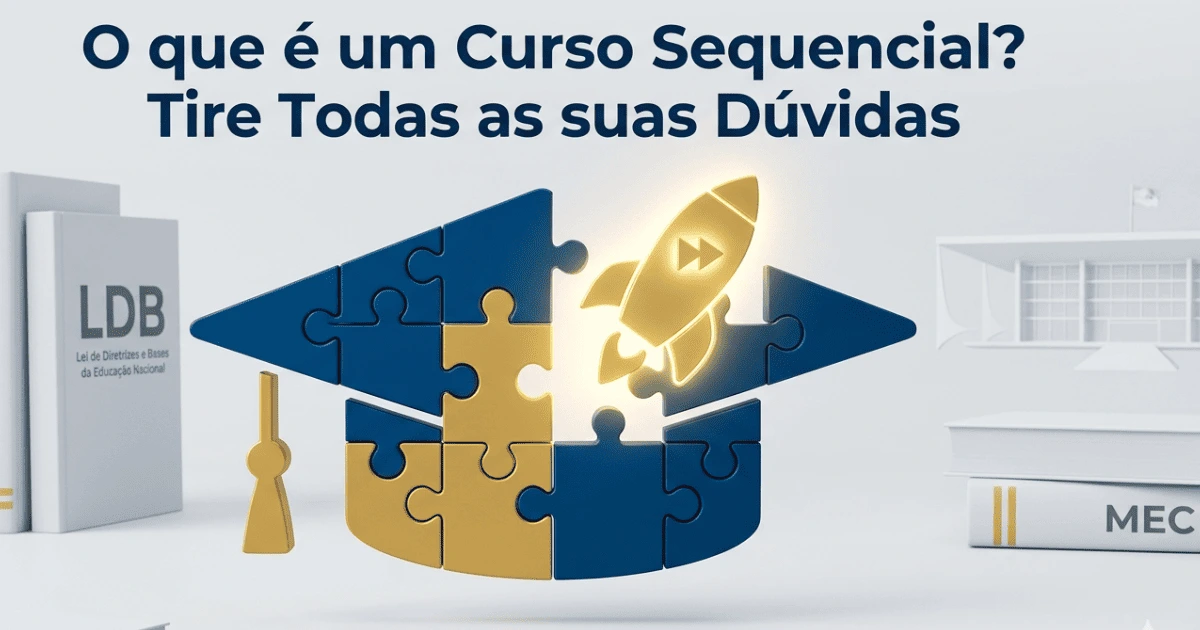 o que é curso sequencial: Banner ilustrado com quebra-cabeça formando um capelo de formatura em aceleração, simbolizando a agilidade do curso superior sequencial, com fundo remetendo à legislação educacional brasileira.