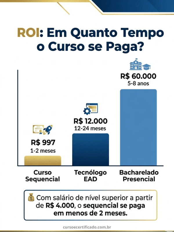Infográfico de ROI mostrando que sequencial valores dos cursos se pagam em 1-2 meses de salário de nível superior.