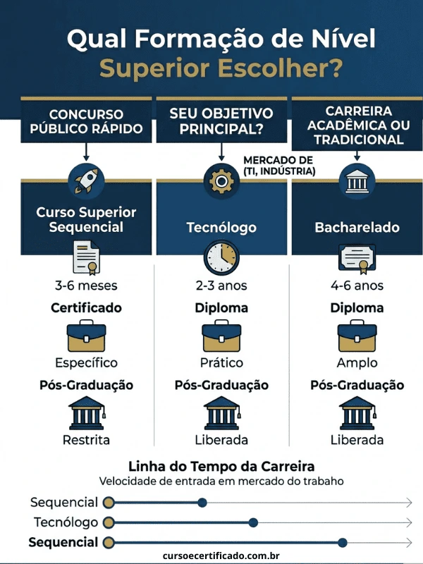 Infográfico fluxograma de decisão para entender a diferença curso superior sequencial e tecnólogo e bacharelado, guiando a escolha baseada no objetivo de carreira ou concurso.